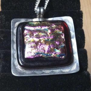 Vintage Mexico Art Deco Dichroic Glass Sterling Silver Necklace Pendant